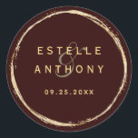 Burgundy Rustic Gold Circle Ampersand Wedding Classic Round Sticker<br><div class="desc">This wedding sticker features a faux gold circle frame with an elegant ampersand and simple calligraphy with a burgundy marsala background.</div>