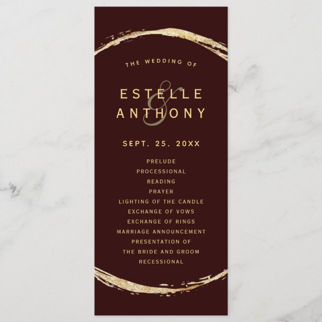 Burgundy Rustic Gold Circle Ampersand Wedding  Programme (Front)