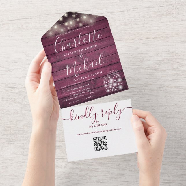 Burgundy Rustic QR Code Mason Jars Lights Wedding All In One Invitation (Tearaway)