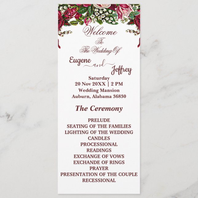 Burgundy Rustic Roses Country Floral Theme Wedding Programme (Front)
