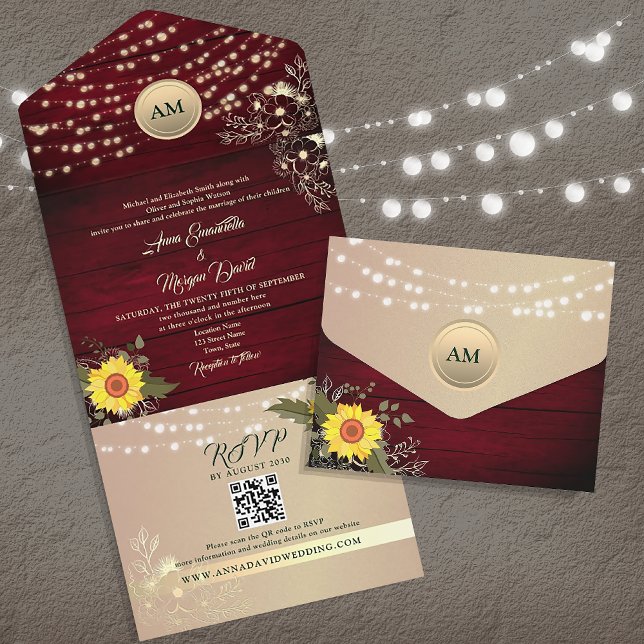 Burgundy Rustic String Lights Sunflower Wedding All In One Invitation (Creator Uploaded)