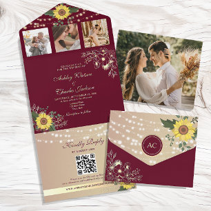 Burgundy Rustic Sunflower Wedding All In One Invitation