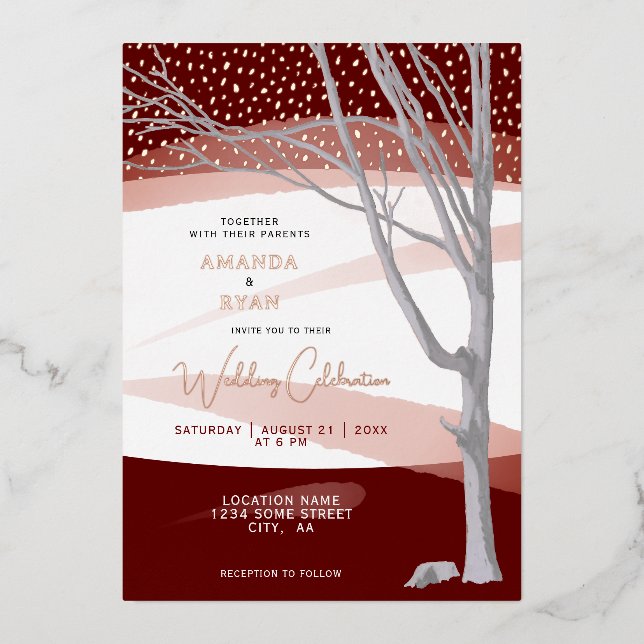 Burgundy Rustic Winter Tree Watercolor Wedding (Front)