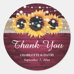Burgundy Rustic Wood Burlap Lace Sunflower Classic Round Sticker