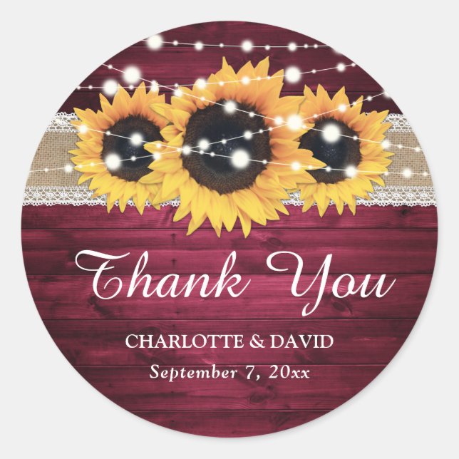 Burgundy Rustic Wood Burlap Lace Sunflower Classic Round Sticker (Front)