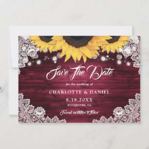 Burgundy Rustic Wood Floral Lace Sunflower Wedding Save The Date