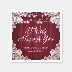 Burgundy Rustic Wood Floral Lace Wedding Napkin