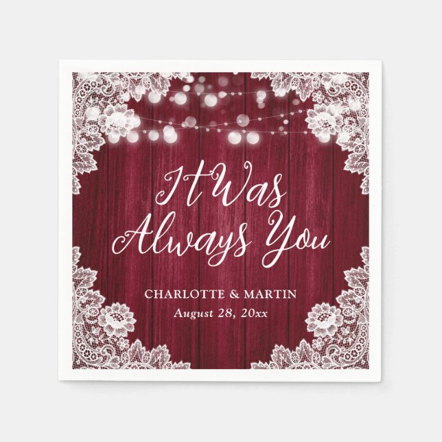 Burgundy Rustic Wood Floral Lace Wedding Napkin (Front)