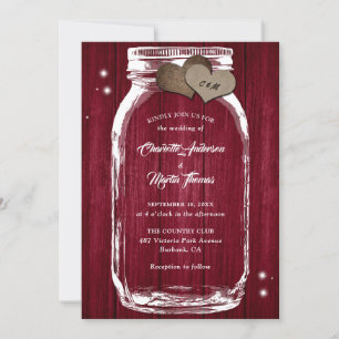 Burgundy Rustic Wood Hearts Mason Jar Wedding Invitation