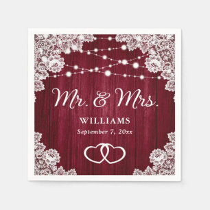 Burgundy Rustic Wood Lace String Lights Wedding Napkin