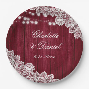Burgundy Rustic Wood Lace String Lights Wedding Paper Plate