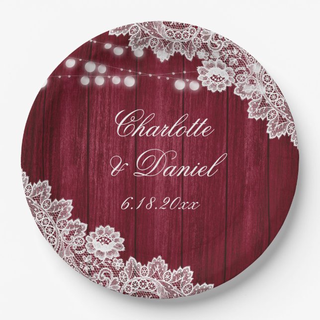 Burgundy Rustic Wood Lace String Lights Wedding Paper Plate (Front)