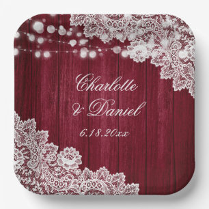 Burgundy Rustic Wood Lace String Lights Wedding Paper Plate