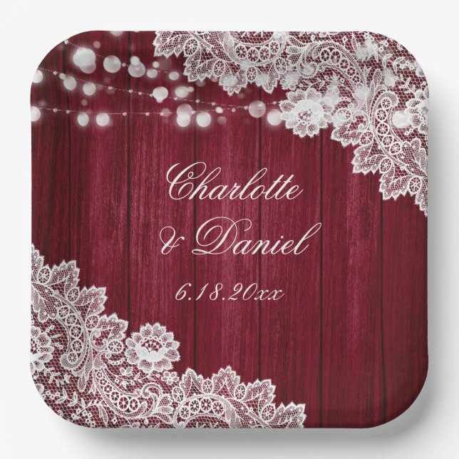Burgundy Rustic Wood Lace String Lights Wedding Paper Plate (Front)