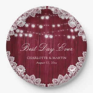 Burgundy Rustic Wood Lace String Lights Wedding Paper Plate