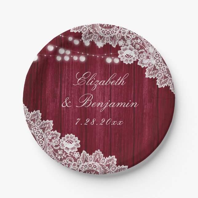Burgundy Rustic Wood Lace String Lights Wedding Paper Plate (Front)