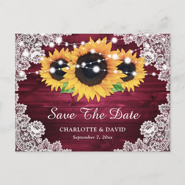 Burgundy Rustic Wood Lace Sunflower Save The Date Announcement Postcard (Front)