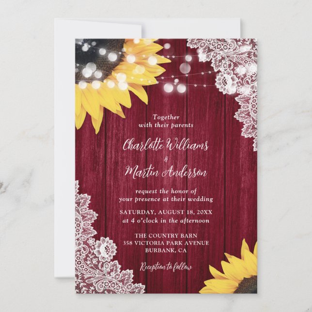 Burgundy Rustic Wood Lace Sunflower Wedding Invitation (Front)