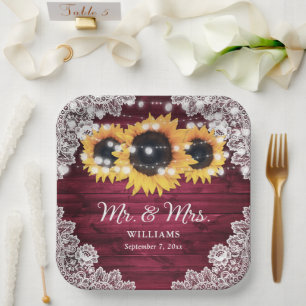 Burgundy Rustic Wood Lace Sunflower Wedding Paper Plate