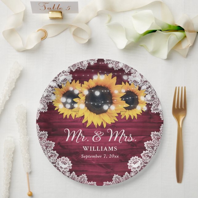 Burgundy Rustic Wood Lace Sunflower Wedding Paper Plate (Wedding)