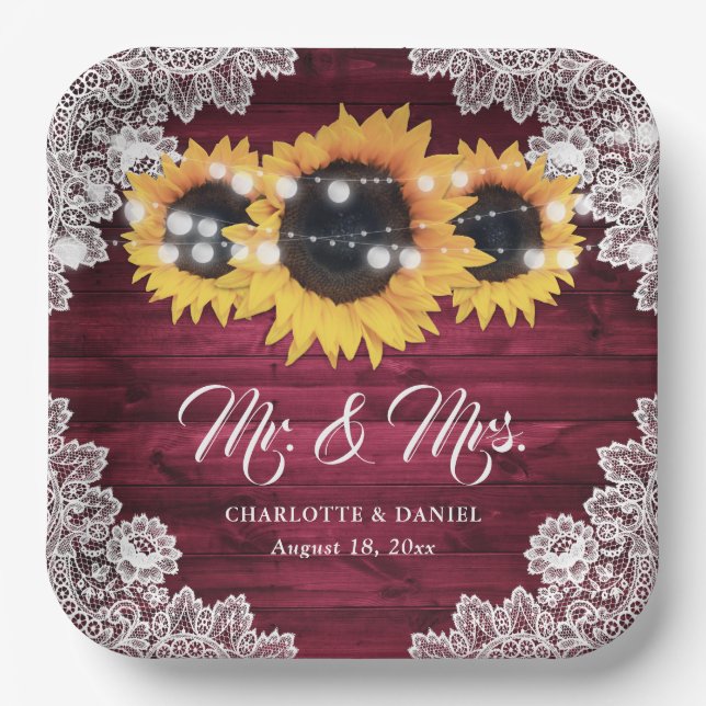 Burgundy Rustic Wood Lace Sunflower Wedding Paper Plate (Front)