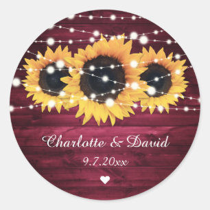 Burgundy Rustic Wood Lights Sunflower Wedding Classic Round Sticker