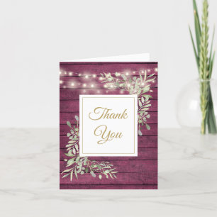 Burgundy Rustic Wood String Lights Greenery Photo Thank You Card