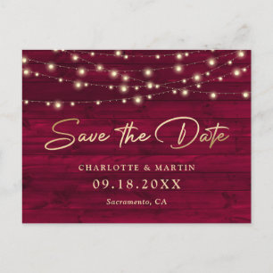 Burgundy Rustic Wood String Lights Save The Date Announcement Postcard
