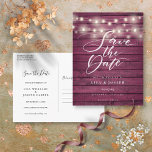 Burgundy Rustic Wood String Lights Save the Date Postcard<br><div class="desc">This rustic save the date card features pretty string lights and an elegant script save the date above your details set in elegant typography on a rustic burgundy wood panels background. The reverse has additional save the date details, including your wedding website, with your return address and space for your...</div>