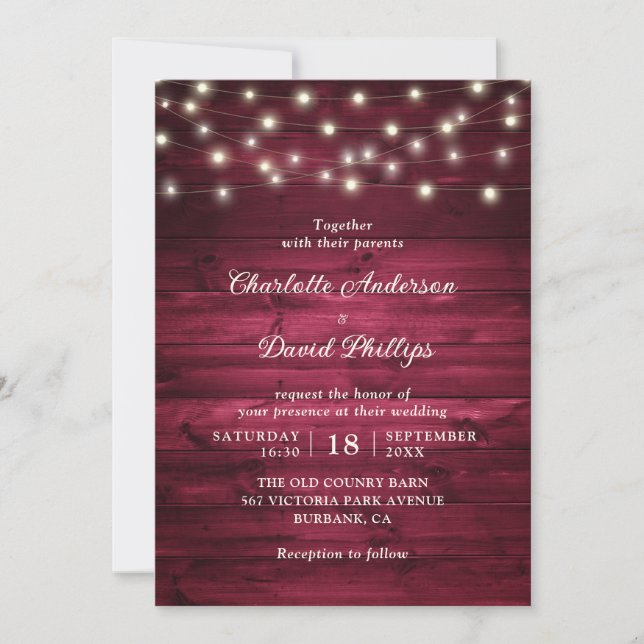 Burgundy Rustic Wood String Lights Wedding Invitation (Front)