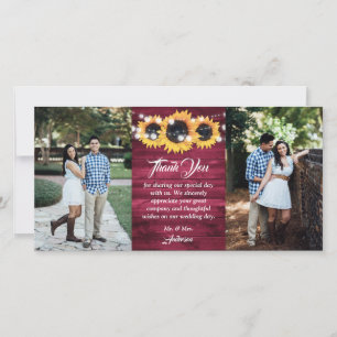 Burgundy Rustic Wood Sunflower Photo Wedding Thank You Card
