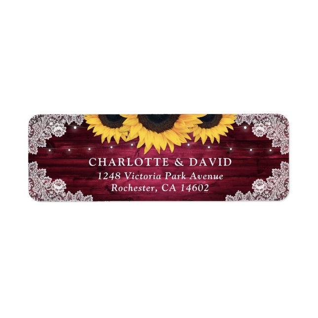 Burgundy Rustic Wood Sunflower Return Address (Front)