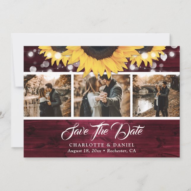 Burgundy Rustic Wood Sunflower Wedding Photo Save The Date (Front)