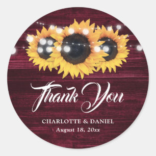 Burgundy Rustic Wood Sunflower Wedding Thank You Classic Round Sticker