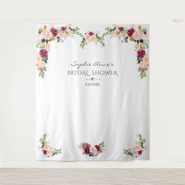 Burgundy Saffron Floral Bridal Shower Photo Booth Tapestry (Front)