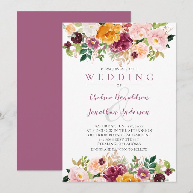 Burgundy, Saffron, Mauve Watercolor Blooms Wedding Invitation (Front/Back)