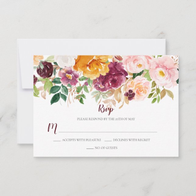 Burgundy Saffron Pink Mauve Rustic Floral RSVP Card (Front)