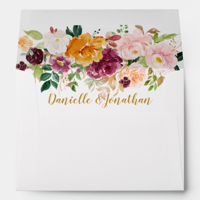 Burgundy Saffron Pink Rustic Watercolor Floral Envelope (Back (Bottom))