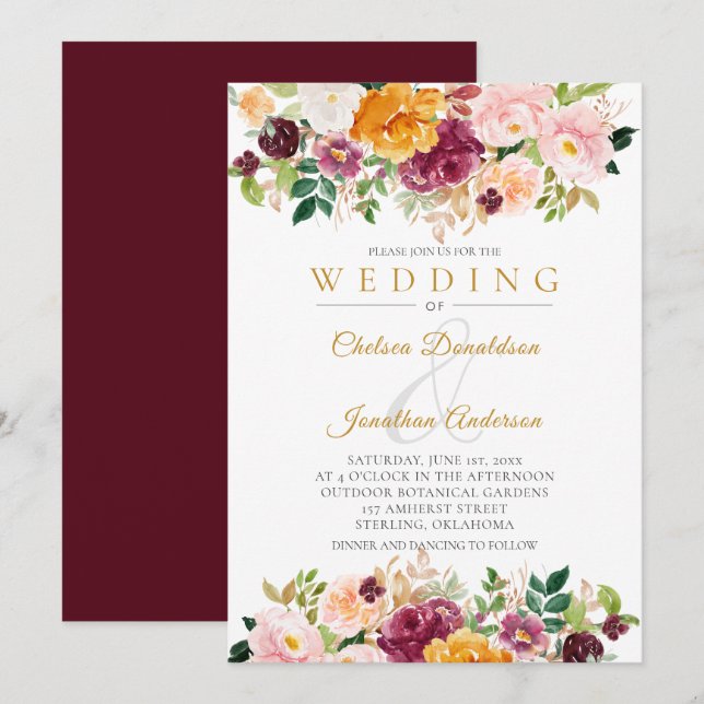 Burgundy, Saffron, Pink Watercolor Blooms Wedding Invitation (Front/Back)