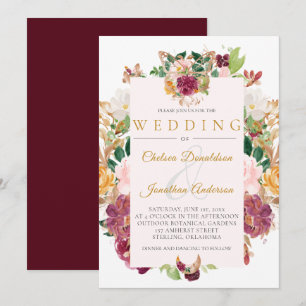Burgundy, Saffron, Pink Watercolor Floral Frame Invitation