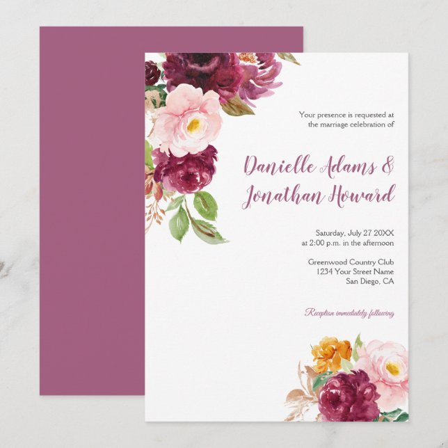 Burgundy Saffron Yellow Mauve Rustic Wedding | Invitation (Front/Back)