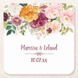 Burgundy Saffron Yellow Peonies Roses Wedding Square Paper Coaster