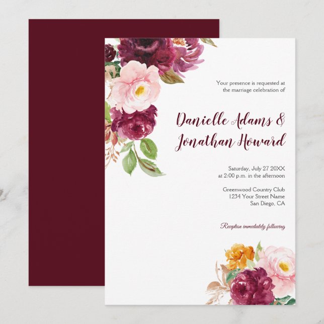 Burgundy Saffron Yellow Pink Rustic Wedding | Invitation (Front/Back)