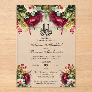 Burgundy Sage Floral Islamic Wedding Invitation