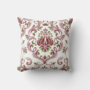 Burgundy Sage Green Damask Floral Pattern Elegant Cushion