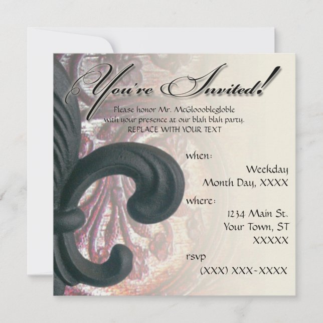 burgundy/ sand "iron fleur de lis" square invitation (Front)