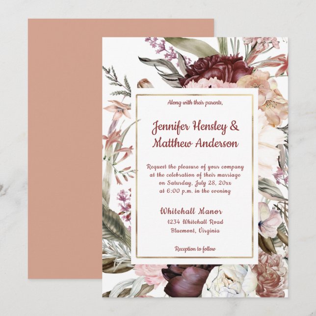 Burgundy Sandy Peach Dusty Rose Floral Wedding Invitation (Front/Back)
