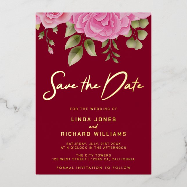 Burgundy Save The Date Foil Invitation (Front)
