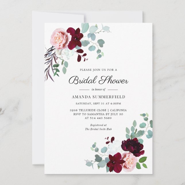 Burgundy Script Floral Eucalyptus Bridal Shower Invitation (Front)