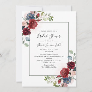 Burgundy Script Floral Eucalyptus Bridal Shower Invitation